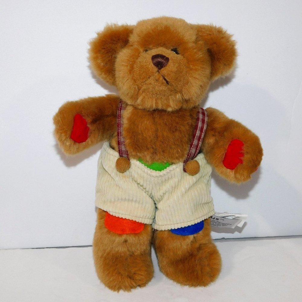 Russ Rufus Diabetes Teddy Bear with Color patches Overalls 10" Plush Brown